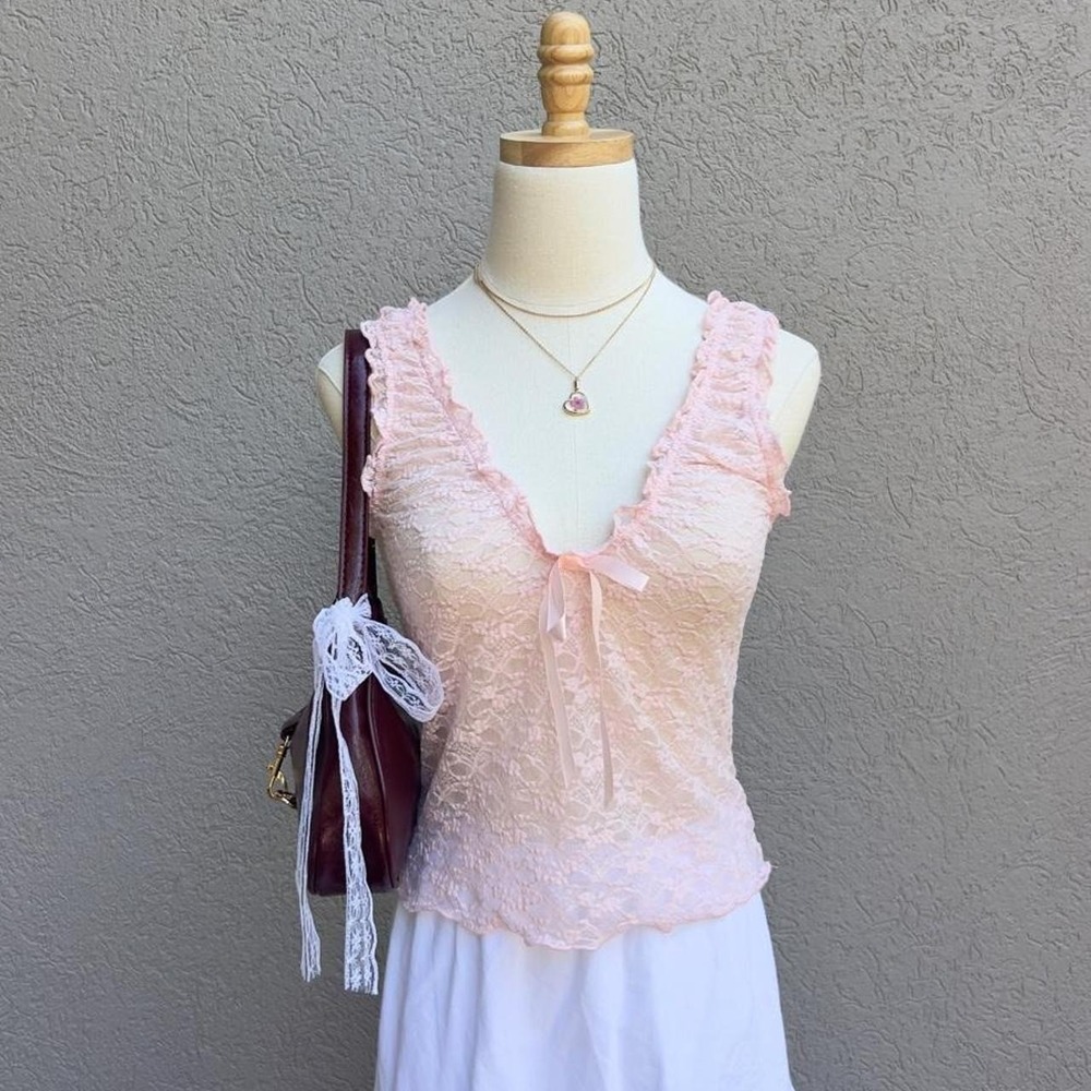 Garage Pink Lace Blouse Top w/ Bow Size Medium Romantic Fairy Coquette